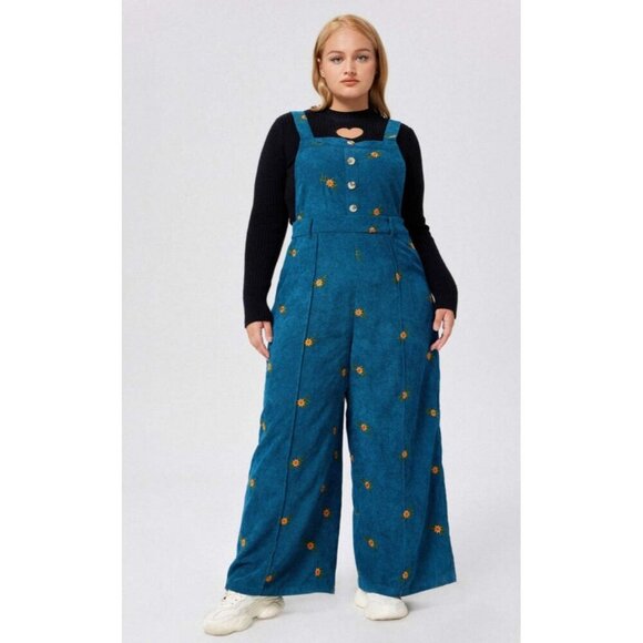CIDER Womens Floral Pinafore Wide Leg Curdoroy Embroidery Jumpsuit Blue Sz XL - Picture 1 of 16